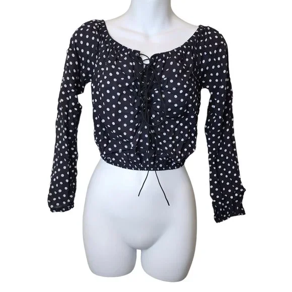 Windsor Lace Up Polka Dot Crop Top - Black/White, Small - Picture 7 of 10